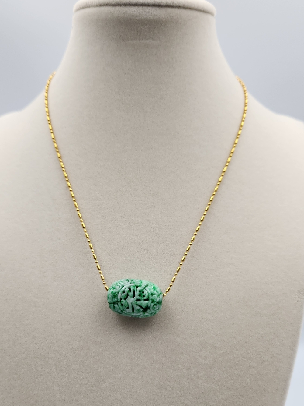 Gold Plated Chain Necklace with Carved Green Jade Bead